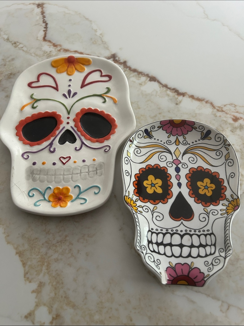 Set of 2 Skull Decorative Trinket Dishes - White with Multicolor Accents
